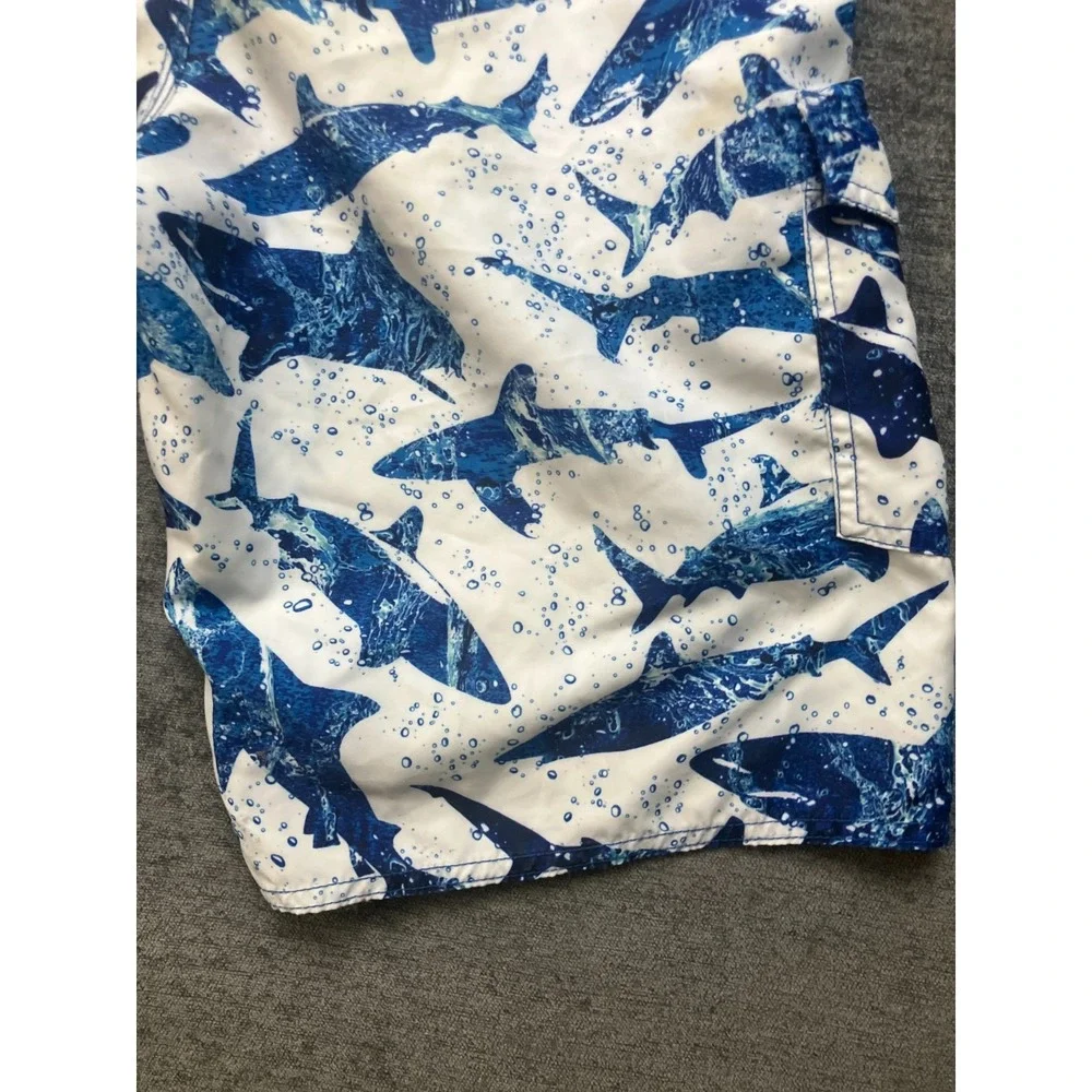 L.L. Bean Swim Trunks Boys 18 White Blue Shark Print Beach Wear Drawstring Waist